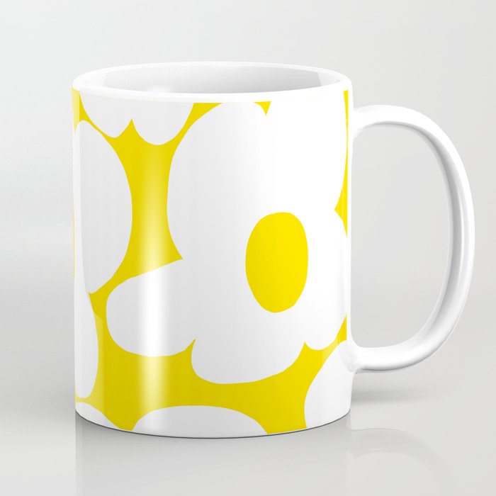 Large White Retro Flowers Sunny Yellow Background #decor #society6 #buyart Coffee Mug Gallery Image 1
