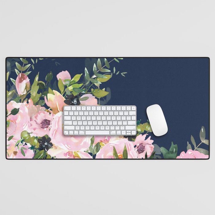 Boho, Floral Watercolor, Roses, Navy Blue and Pink Desk Mat Gallery Image 1