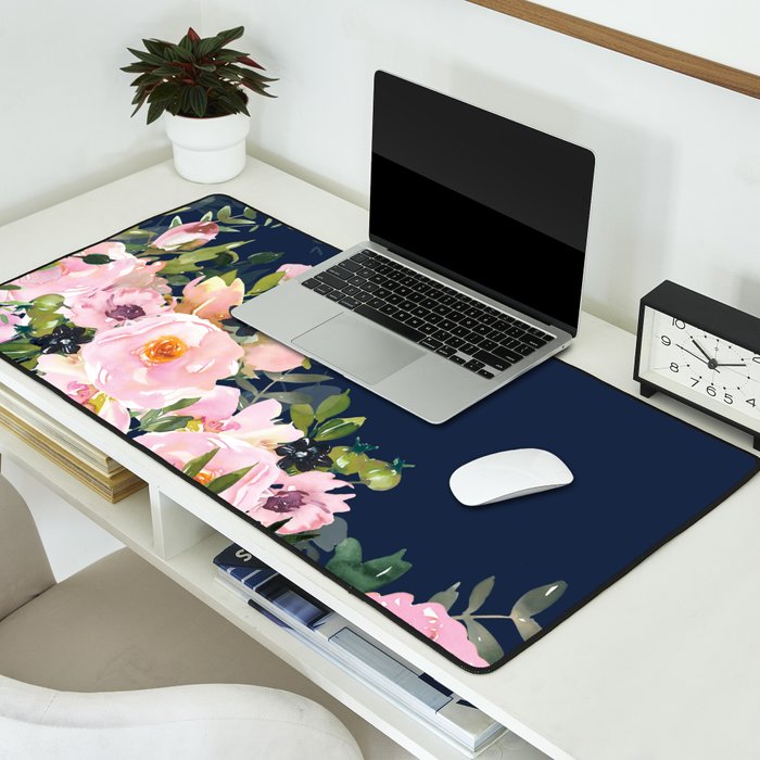Boho, Floral Watercolor, Roses, Navy Blue and Pink Desk Mat Gallery Image 2