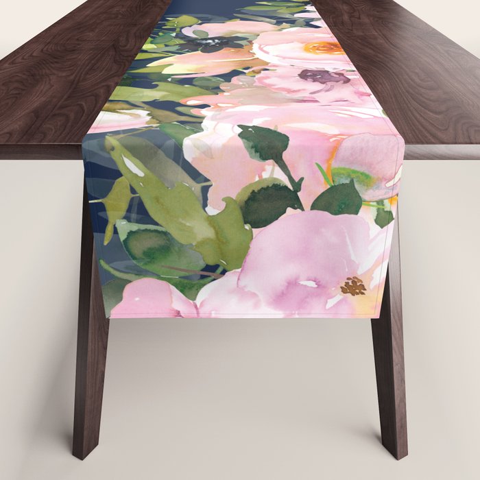 Boho, Floral Watercolor, Roses, Navy Blue and Pink Table Runner Gallery Image 1