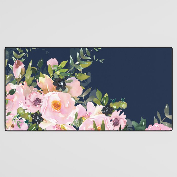 Boho, Floral Watercolor, Roses, Navy Blue and Pink Desk Mat Gallery Image 3