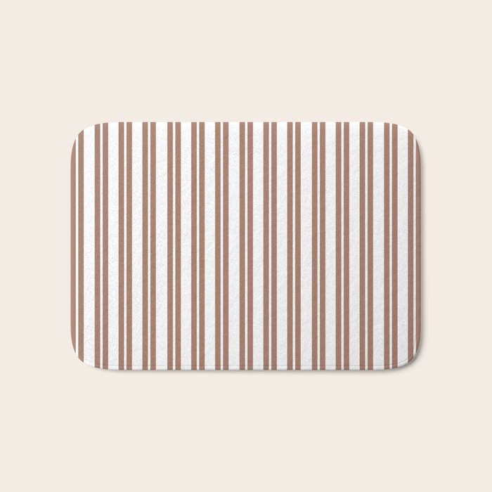 Classic Double Stripes Mocha Brown and White Vertical Stripe Pattern Bath Mat Gallery Image 1