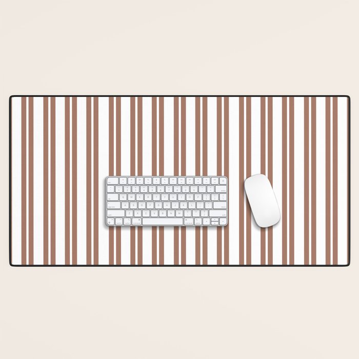 Classic Double Stripes Mocha Brown and White Vertical Stripe Pattern Desk Mat Gallery Image 1