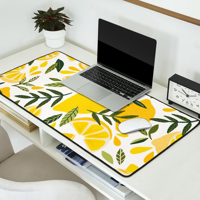 Lemon Blooms on White Desk Mat Gallery Image 2