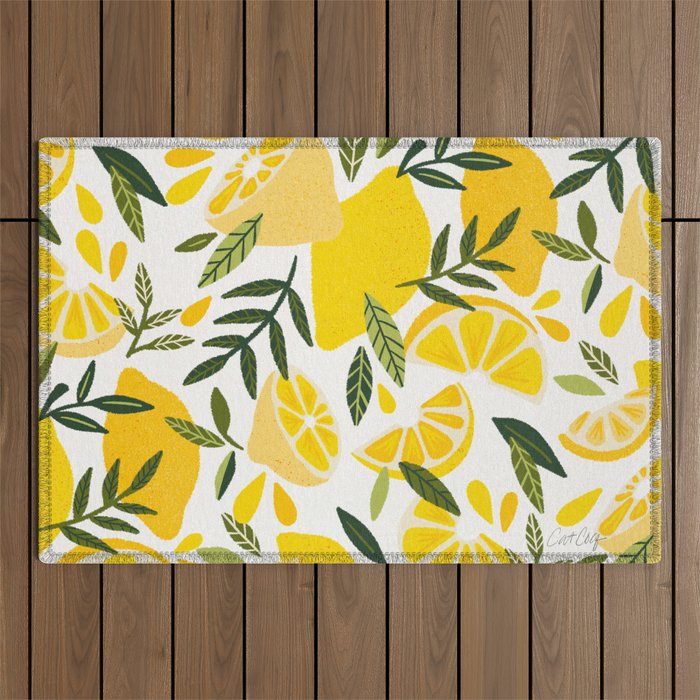 Lemon Blooms on White Outdoor Rug Gallery Image 1