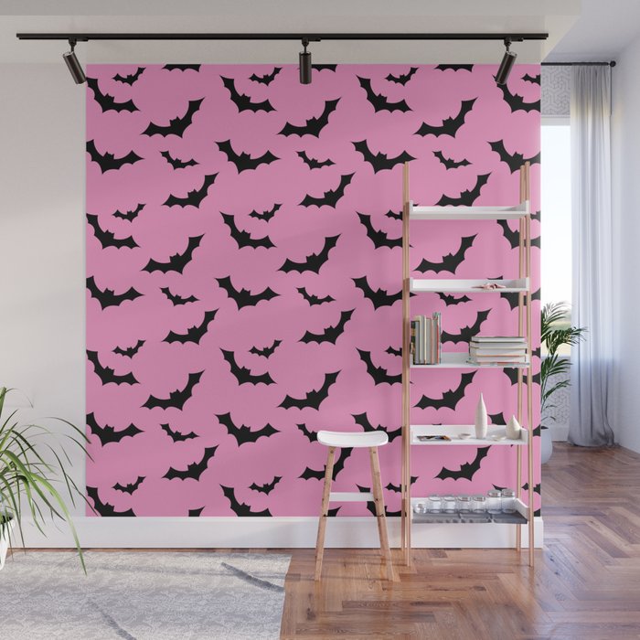 Black Bat Pattern on Pink Wall Mural