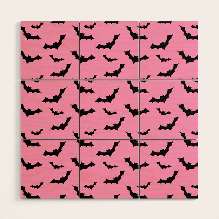 Black Bat Pattern on Pink Wood Wall Art Gallery Image 1