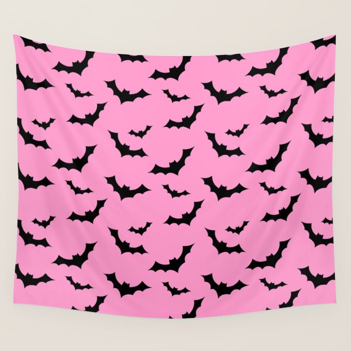 Black Bat Pattern on Pink Wall Tapestry Gallery Image 1