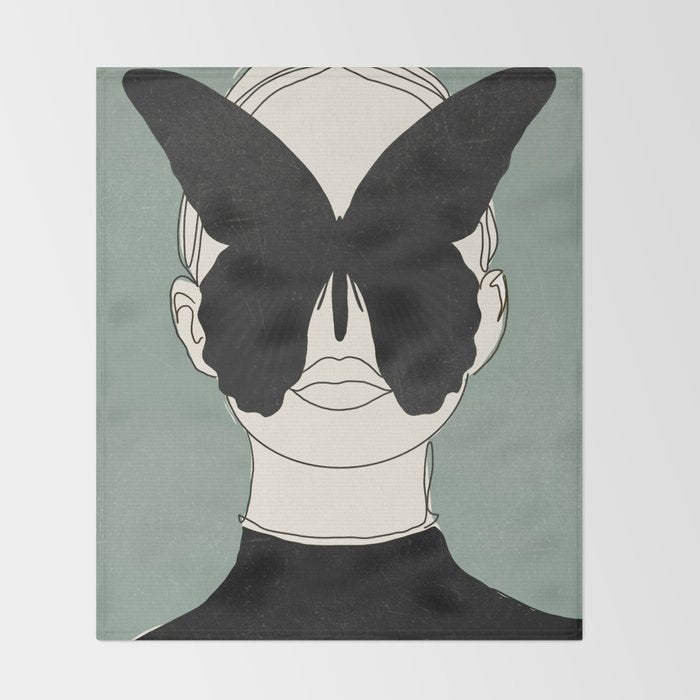 BLACK BUTTERFLY Line Drawing Throw Blanket Gallery Image 2