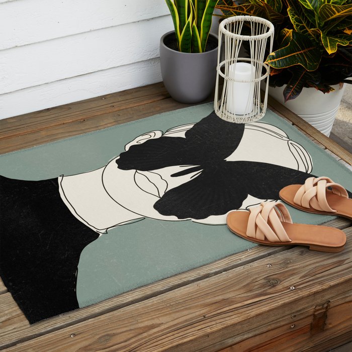 BLACK BUTTERFLY Line Drawing Outdoor Rug Gallery Image 2