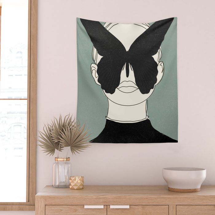 BLACK BUTTERFLY Line Drawing Wall Tapestry Gallery Image 2