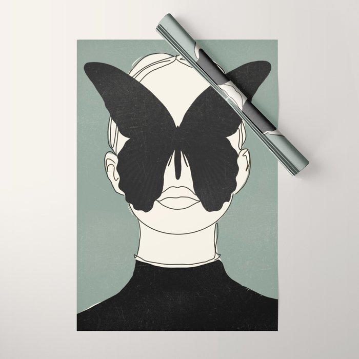 BLACK BUTTERFLY Line Drawing Wrapping Paper Gallery Image 1
