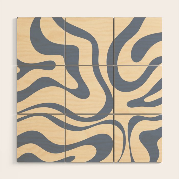 Modern Retro Liquid Swirl Abstract Pattern in Stone Blue and Cream Wood Wall Art Gallery Image 1