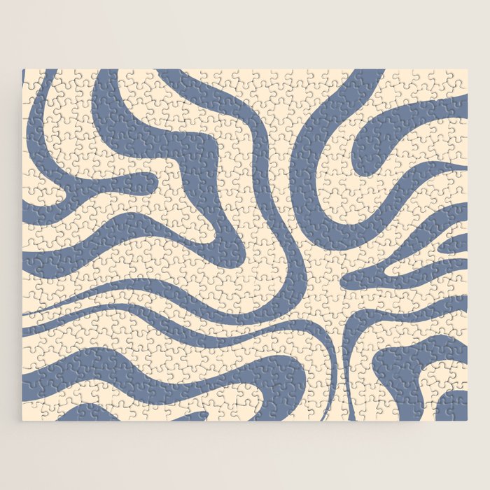 Modern Retro Liquid Swirl Abstract Pattern in Stone Blue and Cream Jigsaw Puzzle