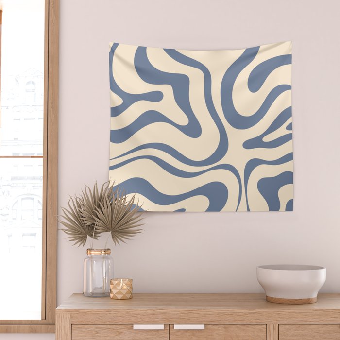 Modern Retro Liquid Swirl Abstract Pattern in Stone Blue and Cream Wall Tapestry Gallery Image 2