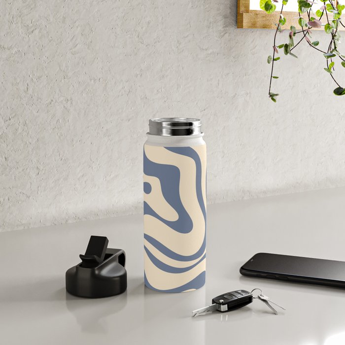 Modern Retro Liquid Swirl Abstract Pattern in Stone Blue and Cream Water Bottle Gallery Image 4
