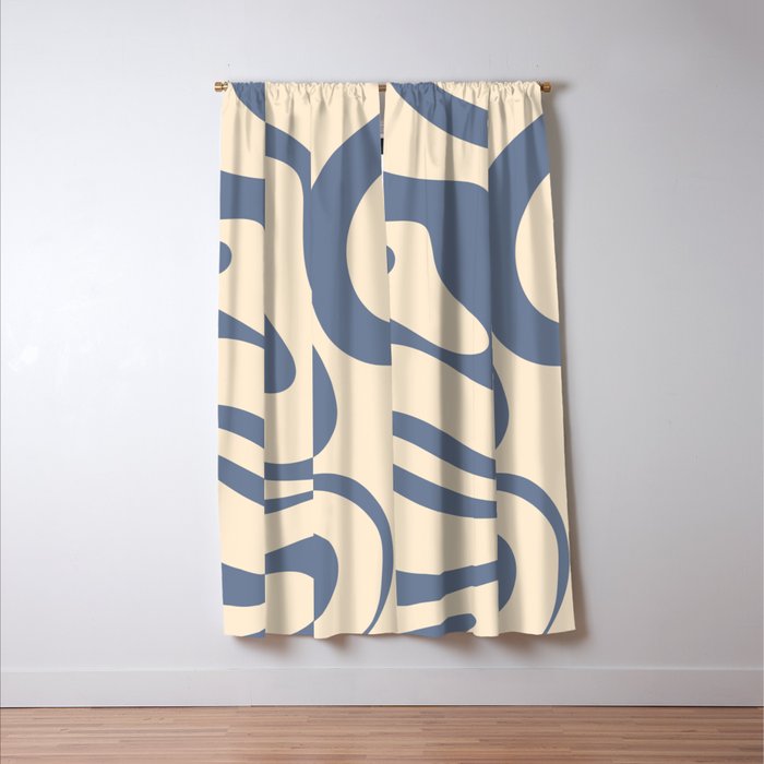 Modern Retro Liquid Swirl Abstract Pattern in Stone Blue and Cream Window Curtain Gallery Image 3