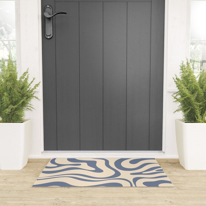 Modern Retro Liquid Swirl Abstract Pattern in Stone Blue and Cream Welcome Mat Gallery Image 3