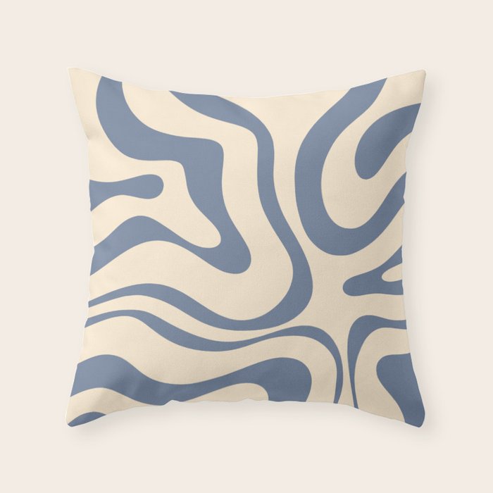 Modern Retro Liquid Swirl Abstract Pattern in Stone Blue and Cream Throw Pillow Gallery Image 1