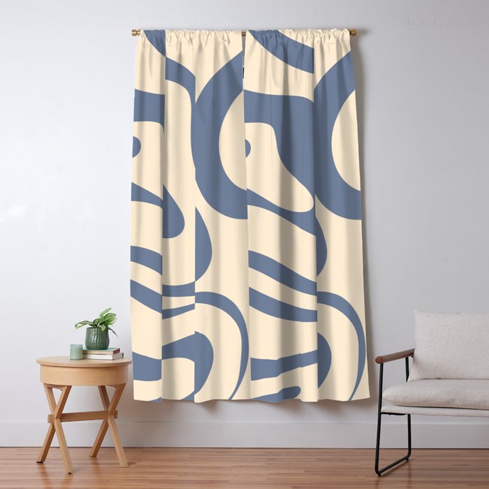 Modern Retro Liquid Swirl Abstract Pattern in Stone Blue and Cream Window Curtain Gallery Image 1
