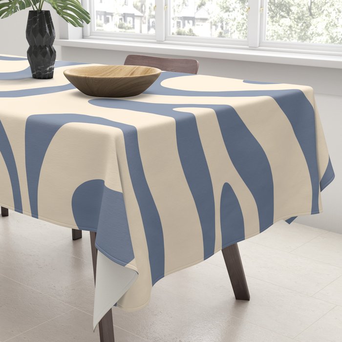 Modern Retro Liquid Swirl Abstract Pattern in Stone Blue and Cream Tablecloth Gallery Image 3