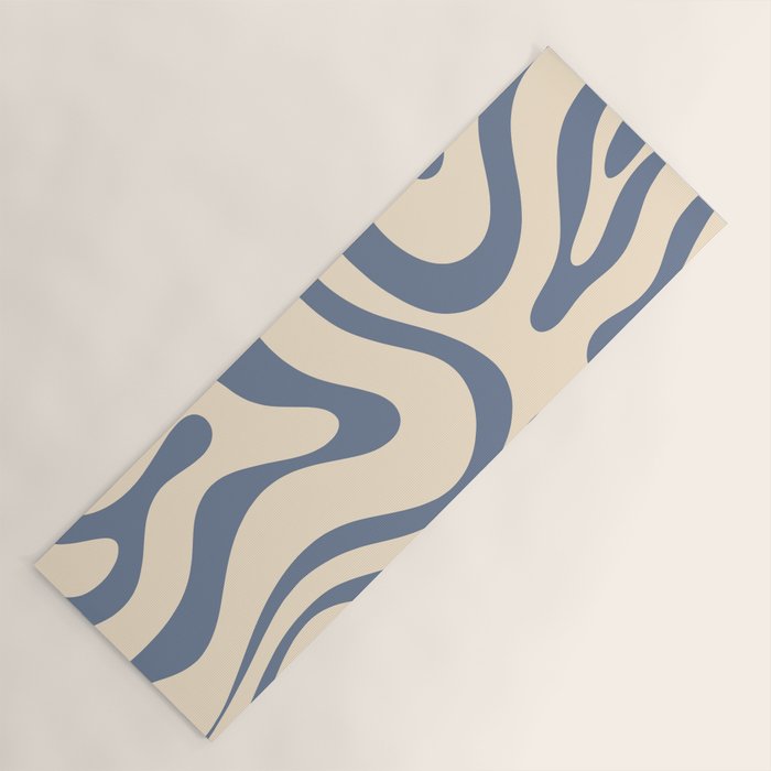 Modern Retro Liquid Swirl Abstract Pattern in Stone Blue and Cream Yoga Mat Gallery Image 1