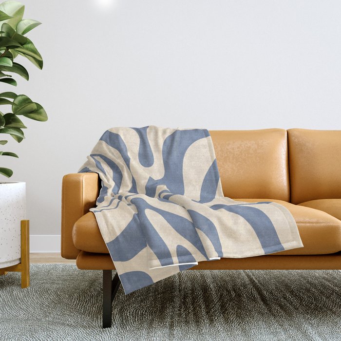 Modern Retro Liquid Swirl Abstract Pattern in Stone Blue and Cream Throw Blanket Gallery Image 1