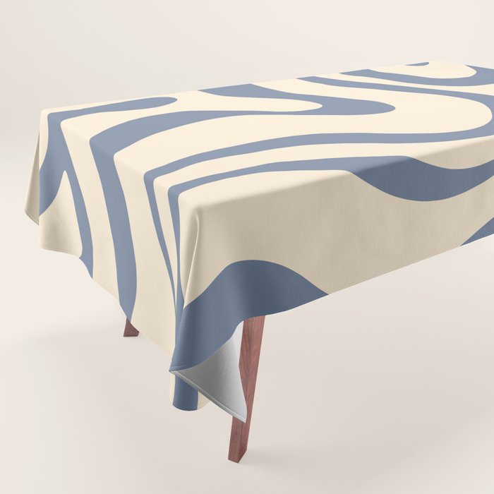 Modern Retro Liquid Swirl Abstract Pattern in Stone Blue and Cream Tablecloth Gallery Image 1