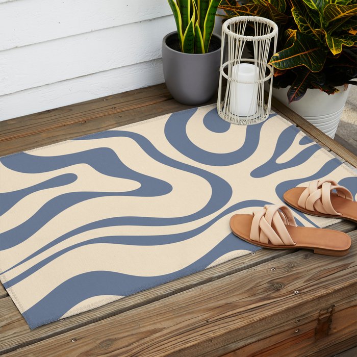 Modern Retro Liquid Swirl Abstract Pattern in Stone Blue and Cream Outdoor Rug Gallery Image 2