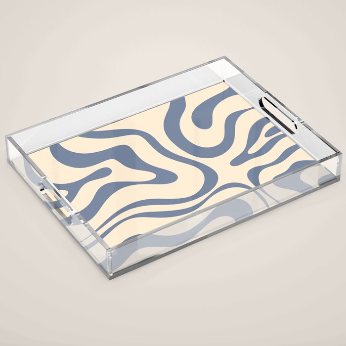 Modern Retro Liquid Swirl Abstract Pattern in Stone Blue and Cream Acrylic Tray Gallery Image 1