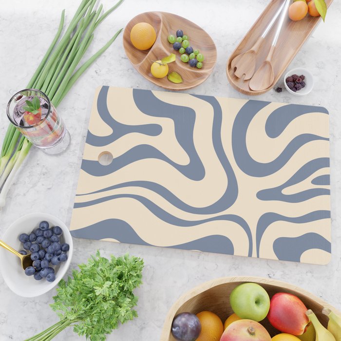Modern Retro Liquid Swirl Abstract Pattern in Stone Blue and Cream Cutting Board Gallery Image 2