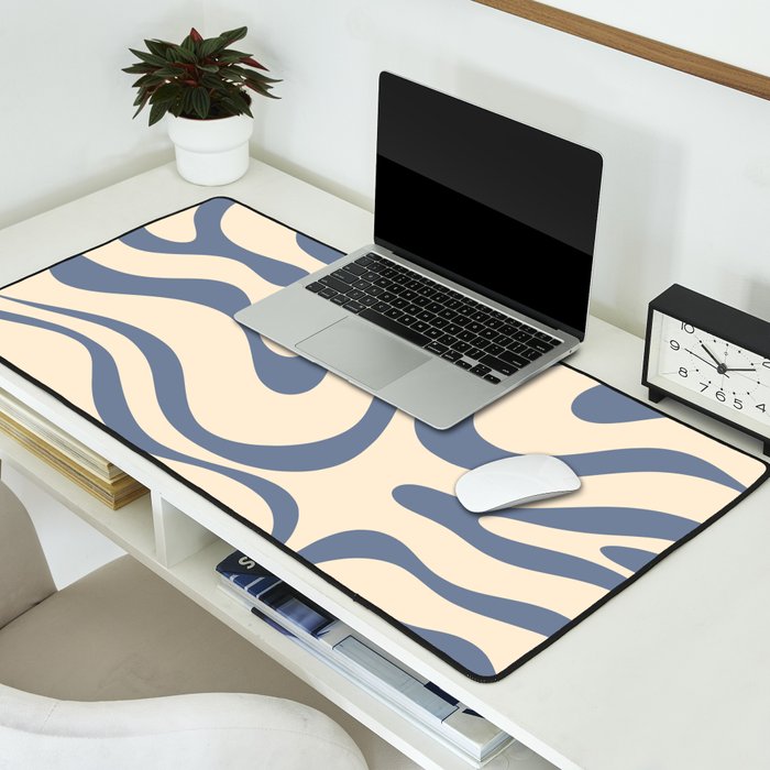 Modern Retro Liquid Swirl Abstract Pattern in Stone Blue and Cream Desk Mat Gallery Image 2