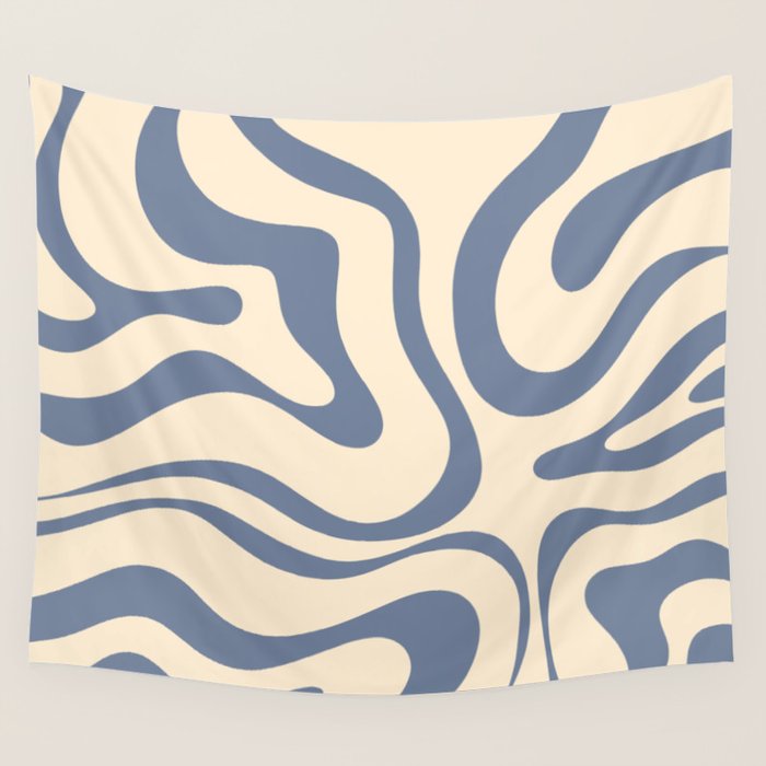 Modern Retro Liquid Swirl Abstract Pattern in Stone Blue and Cream Wall Tapestry Gallery Image 4