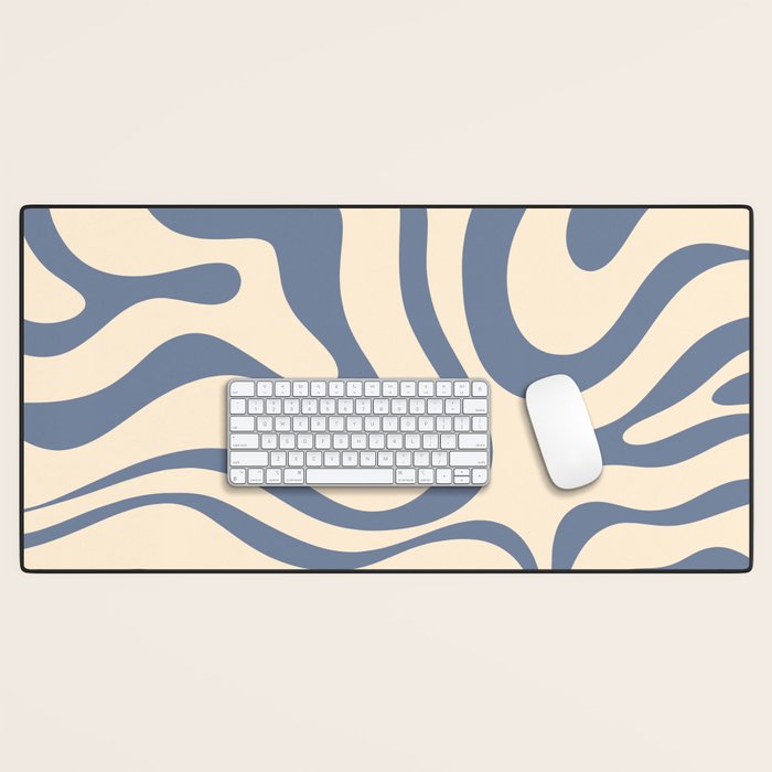 Modern Retro Liquid Swirl Abstract Pattern in Stone Blue and Cream Desk Mat Gallery Image 1