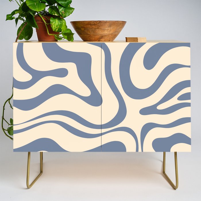 Modern Retro Liquid Swirl Abstract Pattern in Stone Blue and Cream Credenza Gallery Image 1