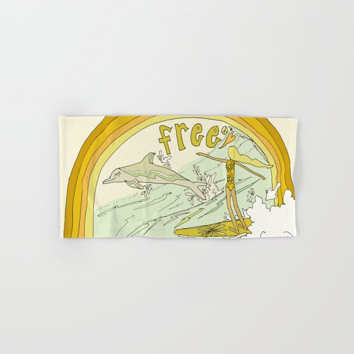 follow the dolphins you will feel free // retro surf art by surfy birdy Bath Towel Gallery Image 1