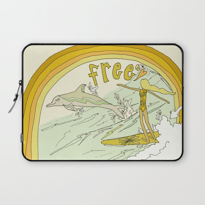 follow the dolphins you will feel free // retro surf art by surfy birdy Laptop Sleeve Gallery Image 1