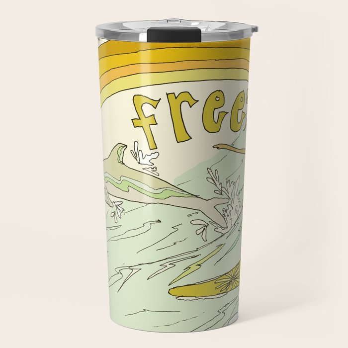 follow the dolphins you will feel free // retro surf art by surfy birdy Travel Mug Gallery Image 1