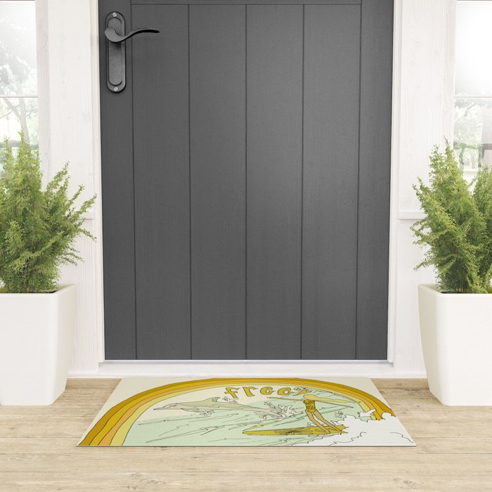follow the dolphins you will feel free // retro surf art by surfy birdy Welcome Mat Gallery Image 3
