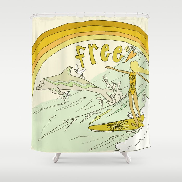 follow the dolphins you will feel free // retro surf art by surfy birdy Shower Curtain Gallery Image 1