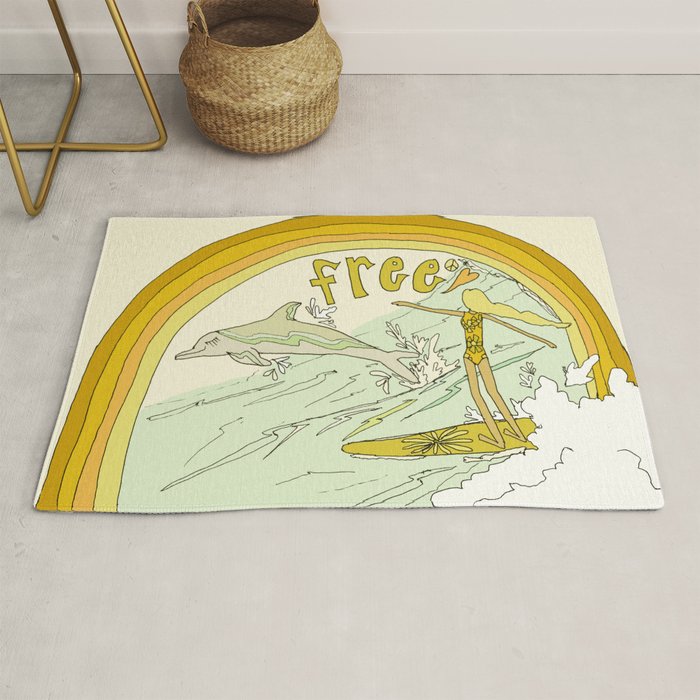 follow the dolphins you will feel free // retro surf art by surfy birdy Rug Gallery Image 1