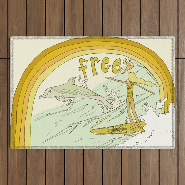 follow the dolphins you will feel free // retro surf art by surfy birdy Outdoor Rug Gallery Image 1