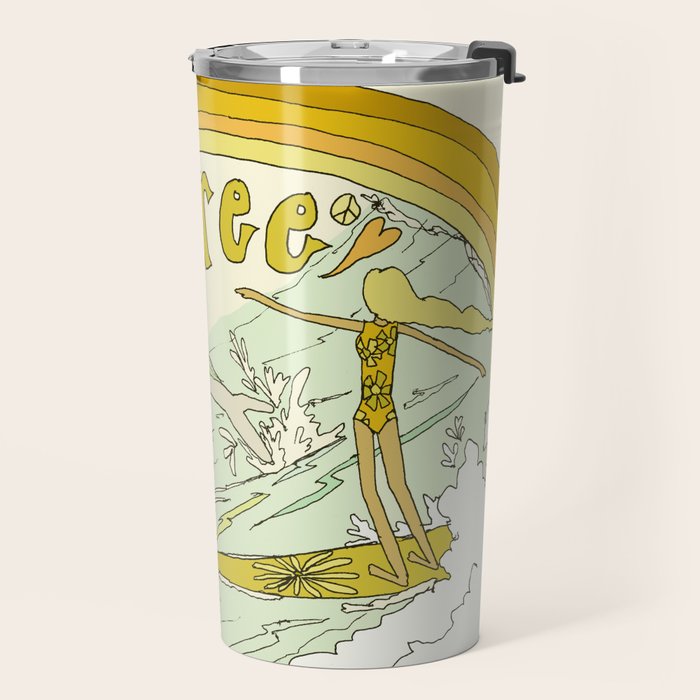 follow the dolphins you will feel free // retro surf art by surfy birdy Travel Mug Gallery Image 2