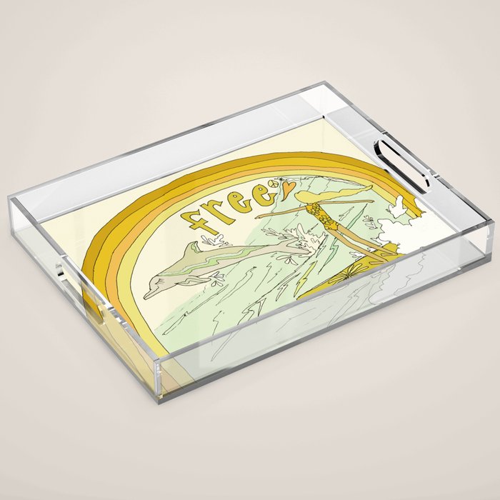 follow the dolphins you will feel free // retro surf art by surfy birdy Acrylic Tray Gallery Image 1