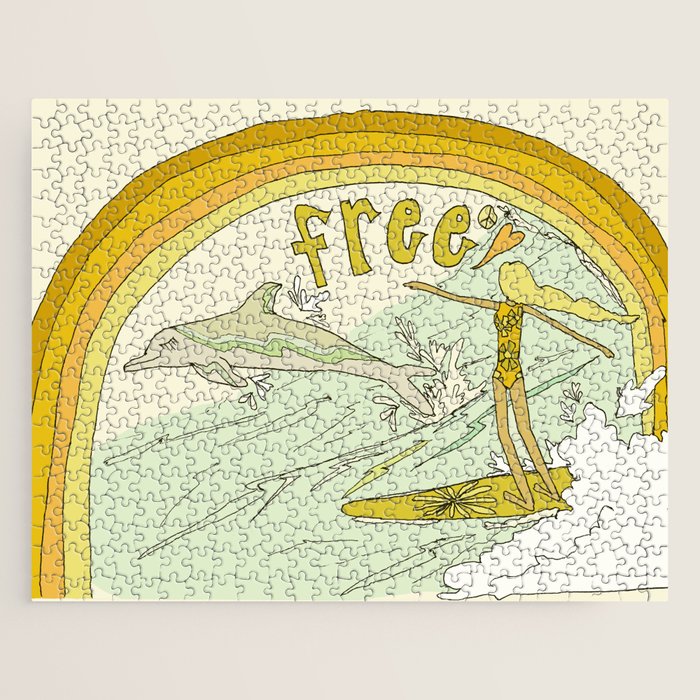 follow the dolphins you will feel free // retro surf art by surfy birdy Jigsaw Puzzle Gallery Image 1