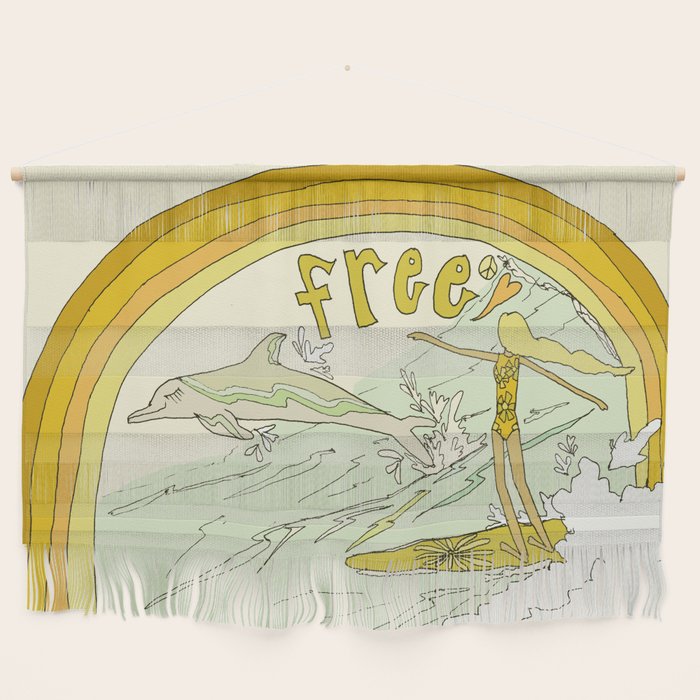 follow the dolphins you will feel free // retro surf art by surfy birdy Wall Hanging Gallery Image 1