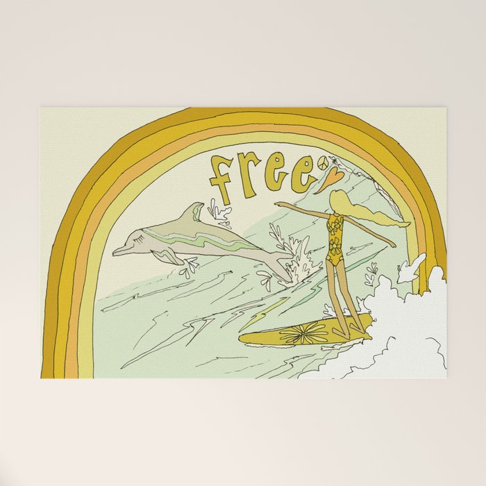 follow the dolphins you will feel free // retro surf art by surfy birdy Welcome Mat Gallery Image 1
