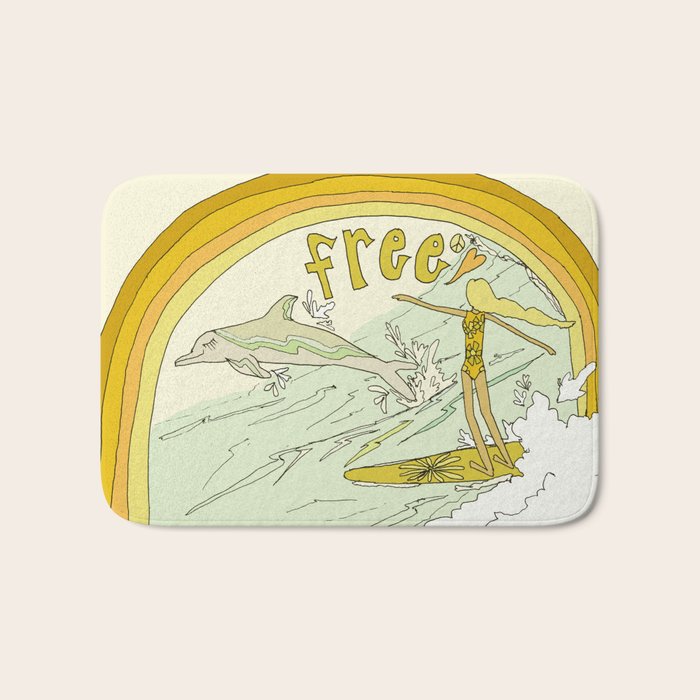 follow the dolphins you will feel free // retro surf art by surfy birdy Bath Mat Gallery Image 1
