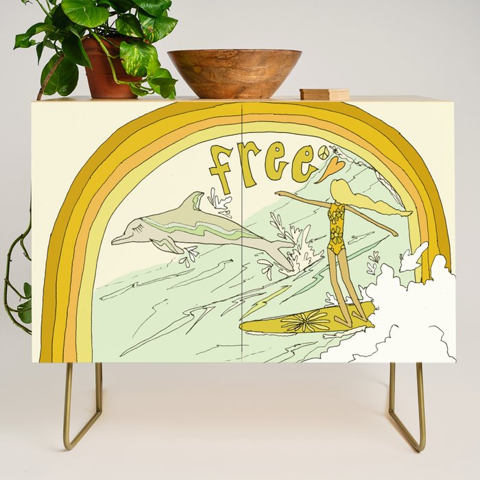 follow the dolphins you will feel free // retro surf art by surfy birdy Credenza Gallery Image 1
