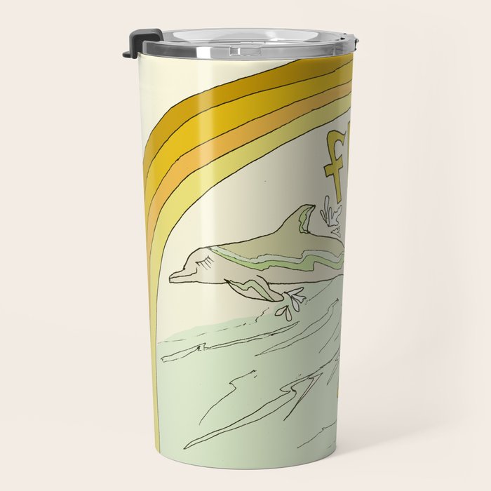 follow the dolphins you will feel free // retro surf art by surfy birdy Travel Mug Gallery Image 3